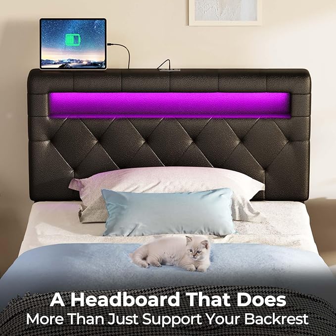 GREENSTELL Headboard for Twin Size Bed with 60,000 DIY Color of LED Light, USB & Type C Post, Attach Frame, Height Adjustable, Black Wall Mounted Head Boards Only, Sturdy & Stable, Comfortable, Twin