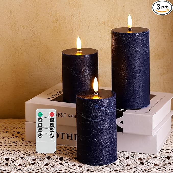 Navy Blue Flameless Candles, Real Wax Battery Operated Candles with Remote, Flat Top Flickering LED Pillar Candles for Home Party Wedding Holiday Decor, Set of 3 (H 4" 5" 6" x D3)