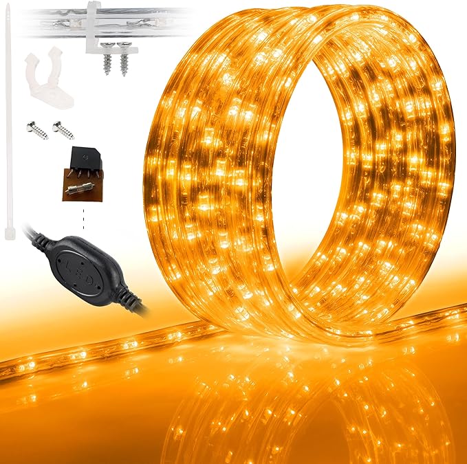 WYZworks 216LEDs, 20ft LED Outside Rope Lights, Waterproof Permanent Outdoor ETL Certified Connectable Clear Tube, Christmas Palm Tree Holiday Decorative Landscape Patio Accent Lighting - Orange