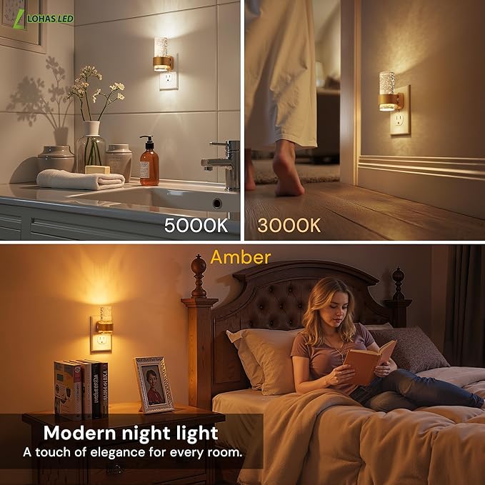 L LOHAS LED Night Lights Plug into Wall, 2 Pack Mini Dimmable Night Light with Dusk-to-Dawn, Soft White/Cool White/Amber 3 Light Color, 0-100LM Adjustable Brightness, Bubble Nightlight for Hallway
