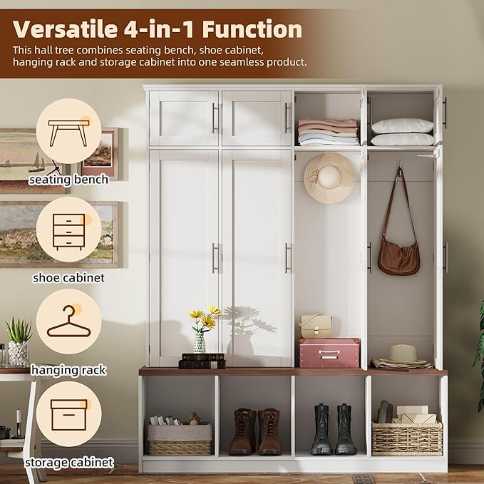 Hall Tree with Entryway Bench and Shoe Storage Compartments, Particle Board Multi-Functional Cabinet with 4 Hanging Hooks, White