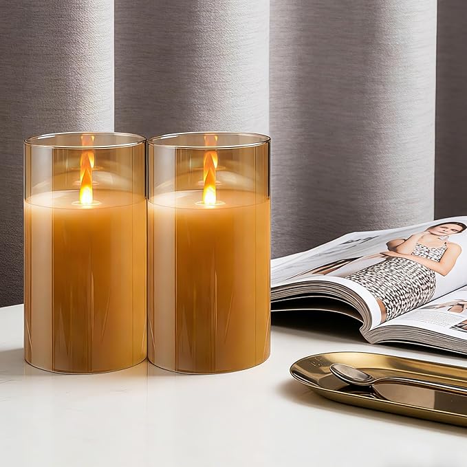 2 - Pack 6" Golden Rechargeable Flameless Pillar Candles with Remote & Timers，USB-Rechargeable Realistic Flickering Candles Real Wax - Ideal for Wedding & Festival Home Decoration