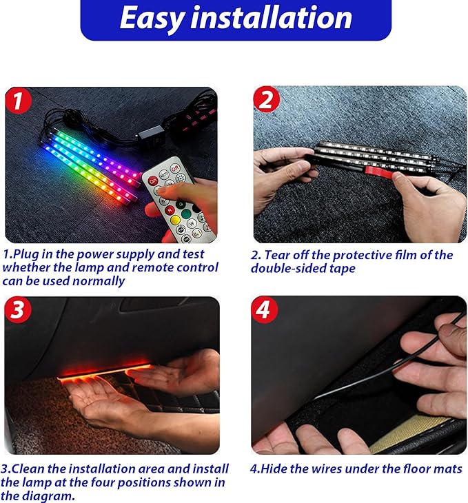 Car LED USB Interior Strip Lights with RF Remote Control, Dream RGB Color Car Ambient Lighting APP Control, Multicolor Footwell Under Dash Chasing Inside Light Kits for Cars ATV Truck, DC12V