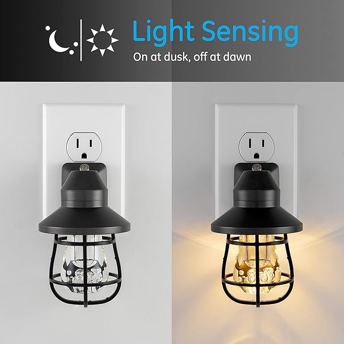 GE Vintage LED Night Light, Plug-in, Dusk to Dawn Sensor, Farmhouse Decor, Mood Lighting, Home Decor, Ambient Lighting, LED Lights for Bedroom, Bathroom, Kitchen, Hallway, 62461, Black, 4 Pack