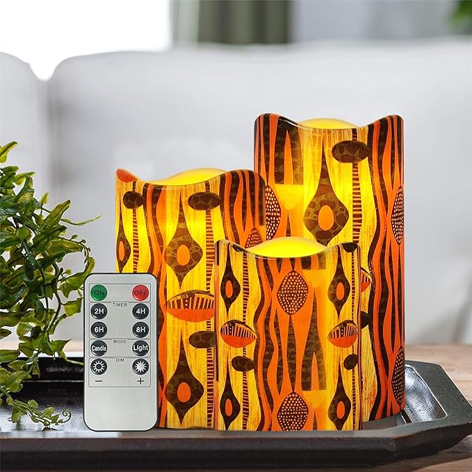 Remote Flameless Candles-Set of 3 African Tribe Design LED Pillar Candles Battery Operated Candle with Timer, 4" 5" 6" for Home Table Decor