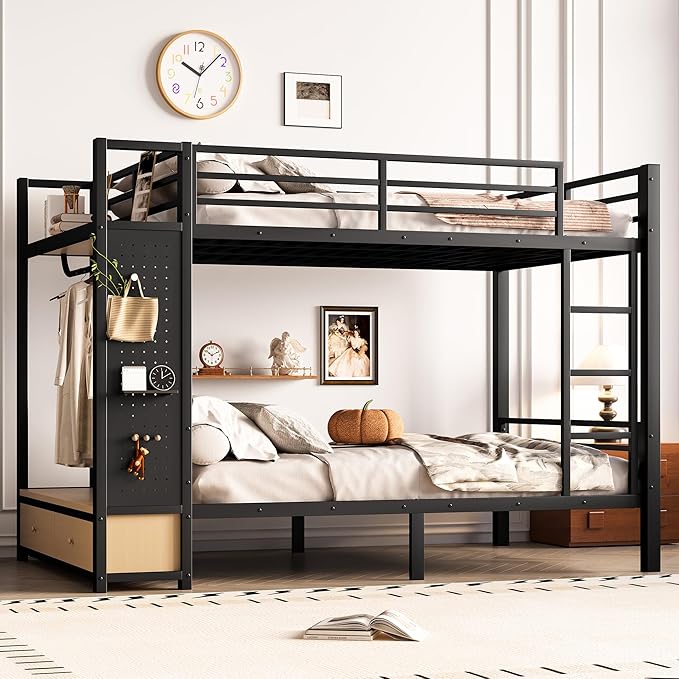 Bellemave Full Over Full Metal Bunk Bed with Storage Drawers and Shelves, Heavy Duty Bunk Beds with Pegboard and Coat Rack for Kids, Adults,Black、
