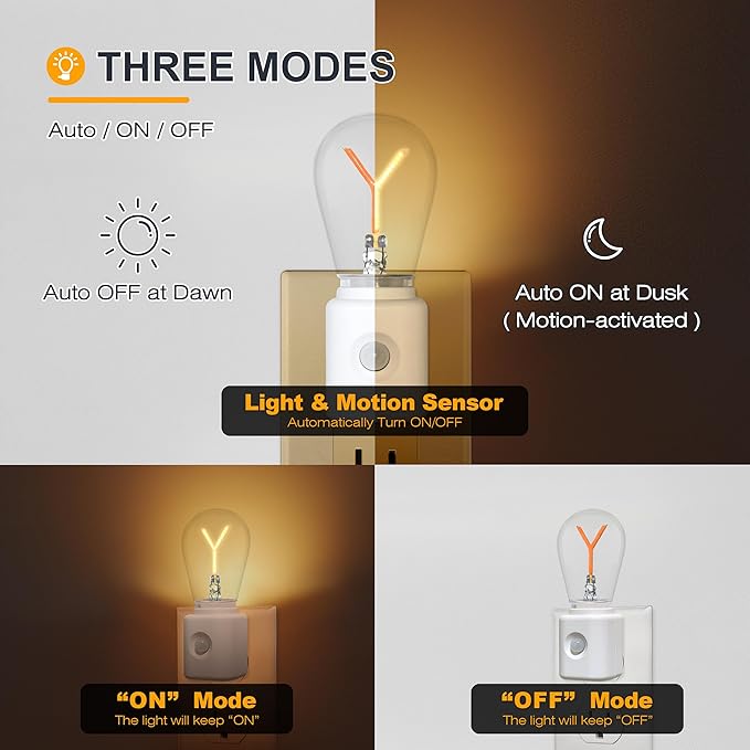 Plug in Night Light with Motion Sensor and Dusk to Dawn Sensor, Dimmable, 2200K Amber LED Nightlight for Bathroom, Bedroom, Kitchen, for Kids, Adults, 1-Pack