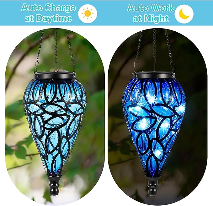 2 Set Solar Hanging Lantern Lights Outdoor Chandelier Moroccan Hanging Solar Light Tear-Shaped 15 LEDs Cool White with S Hooks for Summer Garden Yard Pathway Landscape Porch Decor(Blue)