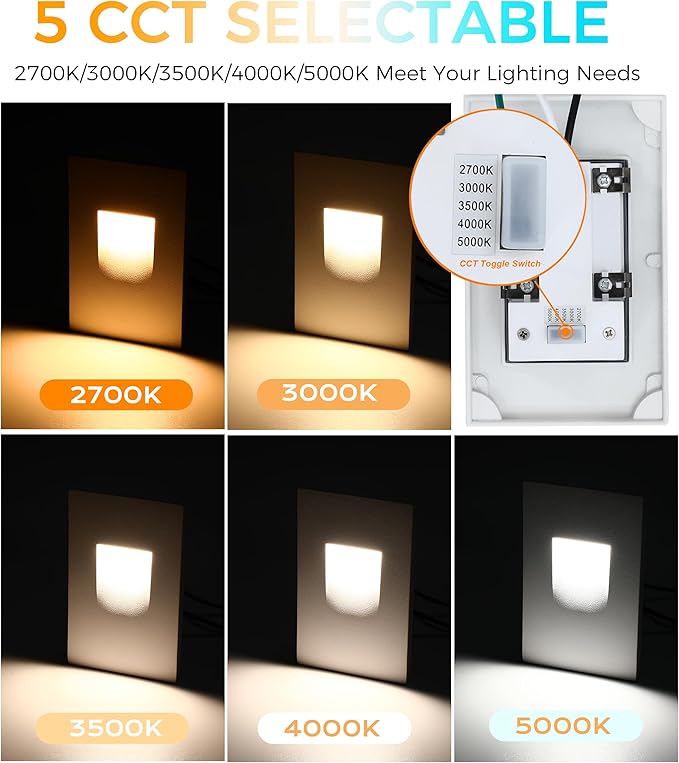 CLOUDY BAY 120V Dimmbale 5 Color LED Indoor Outdoor Step Light,2700K/3000K/3500K/4000K/5000K 3W 70lm,Stair Light,White,6 Pack