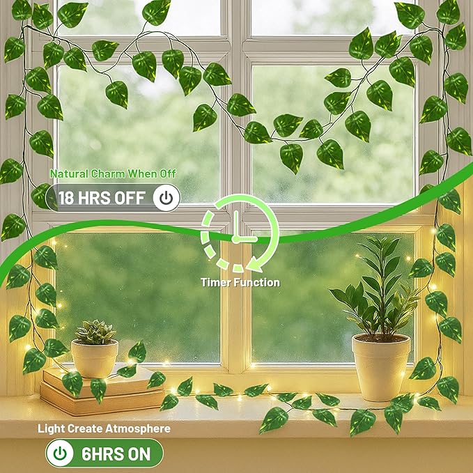 YOUNGAR Pothos Vines with Fairy Lights,Leaf String Warm White Lights Battery/USB Operated,23FT 73LED Fake for Bedroom Wall Room Wedding Birthday Garden Party Wall Room Decor