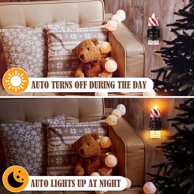 Meonum Flickering Flameless Candle Night Light Plug in, Dimmable LED Nightlight with Dusk to Dawn Sensor, Decorative Candle Light for Bedroom, Hallway, Bathroom(1 Pcs,Christmas Red & Brown Base)