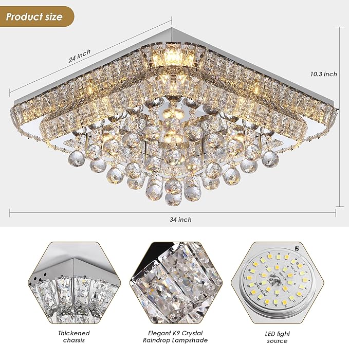 REDSTAR 24" Crystal Ceiling-Light Flush Mount with Remote and APP, 3 Colors Temp & Brightness Adjustable, Modern Crystal Raindrop Chandeliers for Bedroom Hallway Dinning and Living Rooms-Square