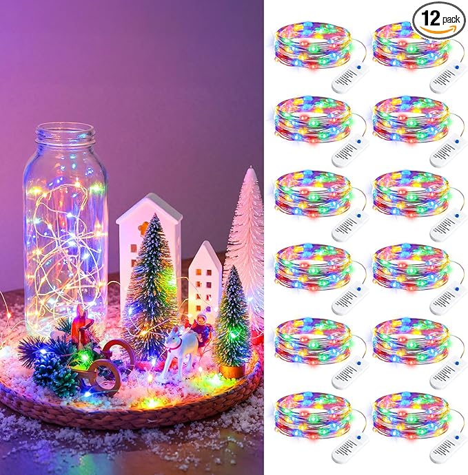 Minetom 12 Pack Fairy Lights Battery Operated String Lights 8 Modes, 7ft 20LED Multicolor Waterproof Silver Wire Twinkle Lights, Firefly Starry Moon Lights for Mason Jars DIY Christmas Wedding Party
