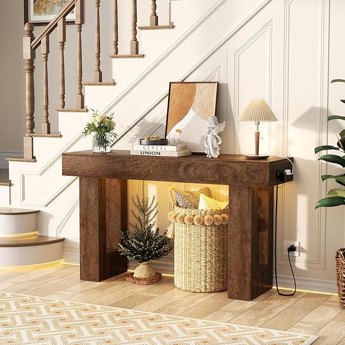 Unikito 47" Entryway Table with Socket and Sensor Light, Narrow Console Table with Storage Behind Couch, Farmhouse Entry Way Tables with Open Storage for Entrance/Hallway/Living Room Rustic Oak