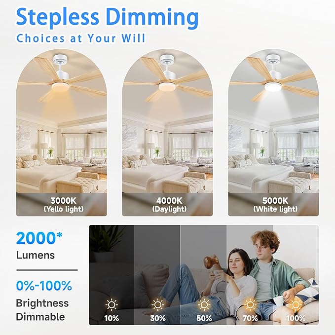 52 Inch Smart Ceiling Fan with Lights, Alexa/Google Voice Control, Quiet DC Motor, 6-Speed, Solid Wood Blades, Dimmable LED, 1-12H Timer, App & Remote Control, Modern Ceiling Fan for Bedroom, Patio