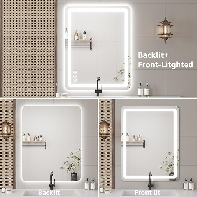 55" x 36" Led Bathroom Mirror with Lights, Anti-Fog & Tri-Color Lighting - Wall Mounted Shaving Mirror with Touch Sensor, Waterproof & Smart LED Vanity Mirror,Tempered Glass, Dimmable Smart Mirror