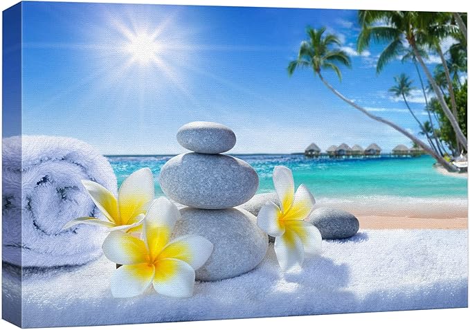wall26 Canvas Print Wall Art White Massage Stones on Vibrant Beach Nature Floral Photography Realism Tropical Landscape Colorful Multicolor for Living Room, Bedroom, Office - 32"x48"