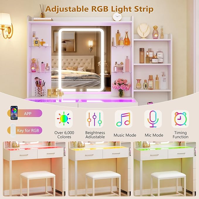 Vanity Desk with Mirror and Lights 3 Colors, 43.3" Makeup Vanity with Glass Top & RGB Light, White Vanity Table Set with Stool, 5 Drawers & Power Outlet for Bedroom Dressing Room