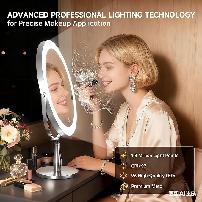 Professional 8" Large Lighted Makeup Mirror with Brighter Lights, 1X/10X True HD Magnifying Mirror with 3 Color Dimmable Lights, 92 Shadowless LEDs, 360°Swivel Seamless Vanity Mirror, Chrome