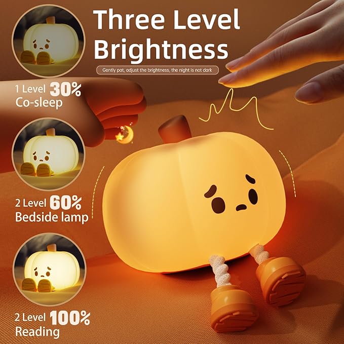 Cute Pumpkin LED Night Light, 3 Level Dimmable Nursery Nightlight, Silicone Soft Light Lamp Gift, Rechargeable Bedroom Touch Lamp for Breastfeeding, Kids, Girl, Boy, Halloween Decor (Pumpkin shape)