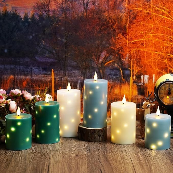Flameless Candles with Embedded Star String, Real Wax Battery Operated Candles with Remote Timer, Flickering Pillar LED Candle Set for Home Decor Romantic Ambiance （Green）