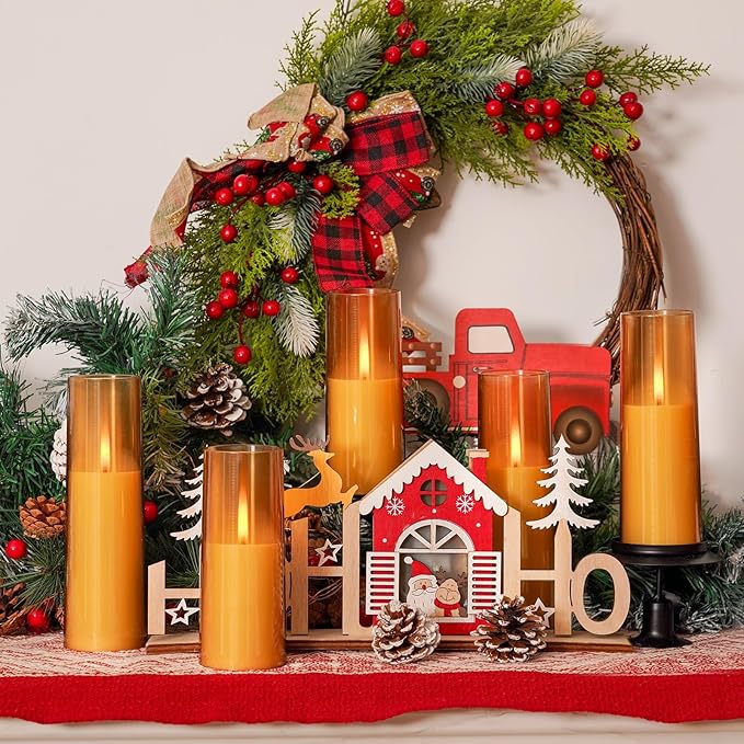 Homemory Amber Flameless Battery Operated LED Candles with Remote Control, Flickering Pillar Candles, 7-Piece Set for Multi-Use Decor, Timer Function Included