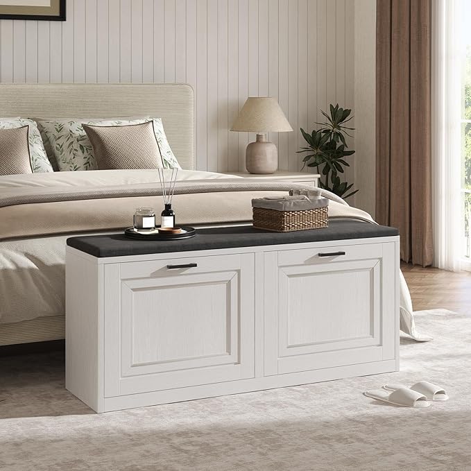 Shoe Storage Bench with Cushioned Seat, 2-Tier Entryway Bench with 2 Flip Drawers & Adjustable Shelves, 39.4" Shoe Rack Bench for Entryway, Living Room, Hallway (White)