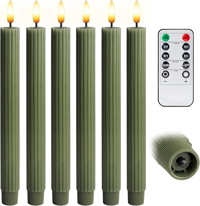 6 Pack, 10" LED Flameless Loden Green Fluted Ribbed Grooved Taper Candles, Remote & 24h Timer Memory, On/Off Button, Dimmable, Flicker Mode, Battery Operated, Christmas Menorah Wedding