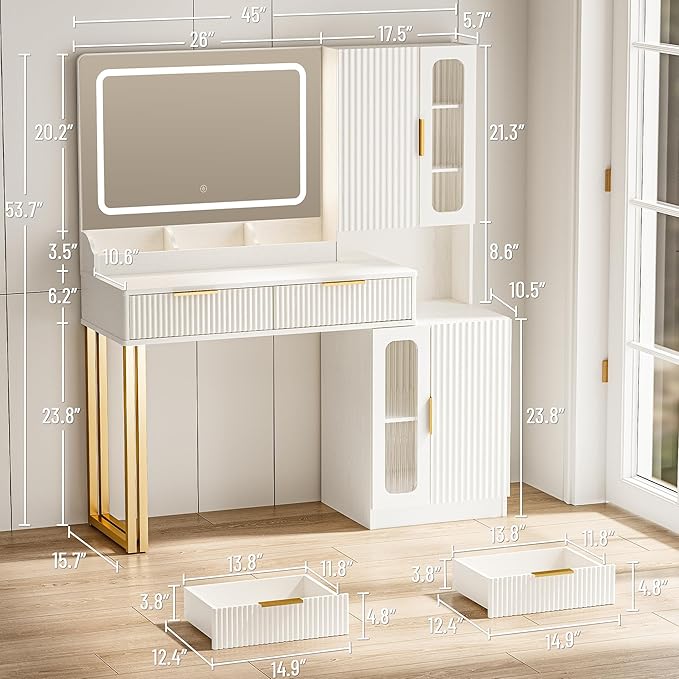 45" Fluted Makeup Vanity Desk with Mirror and Lights, Makeup Desk with 5 Shelves& 2 Storage Cabinet, Vanity Table with Power Outlet, 3 Color Adjustable Lighting Dressing Table Set for Bedroom