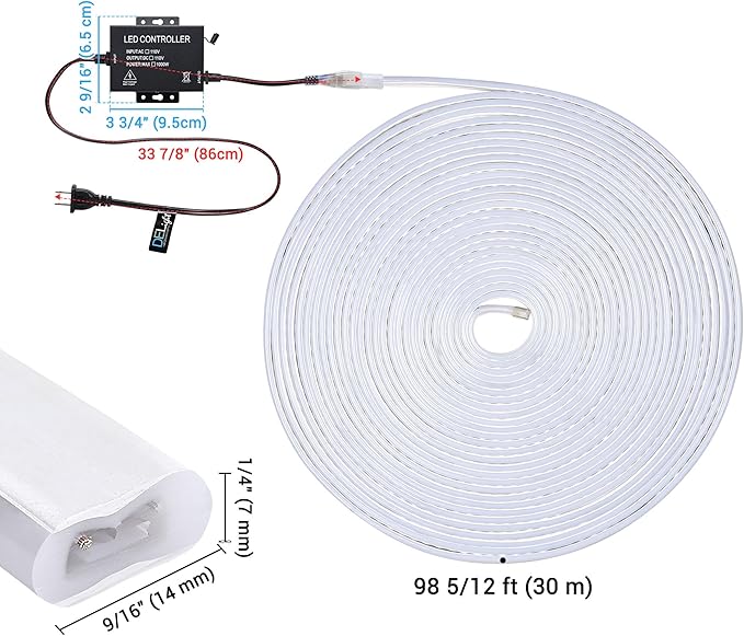 DELight AC 110-120V Waterproof IP65 Cozy 2700K Warm White 100ft Railing Neon Rope Lights with Remote Control Dimmable Cuttable Flexible LED Strip Lights Outdoor Patio Retro Vibe DEL-D100W