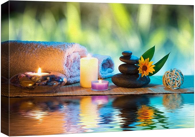 wall26 Canvas Print Wall Art Candles and Towels with Black Zen Stones and Orange Daisy Nature Floral Photography Realism Rustic Colorful Multicolor Ultra for Living Room, Bedroom, Office - 16"x24"