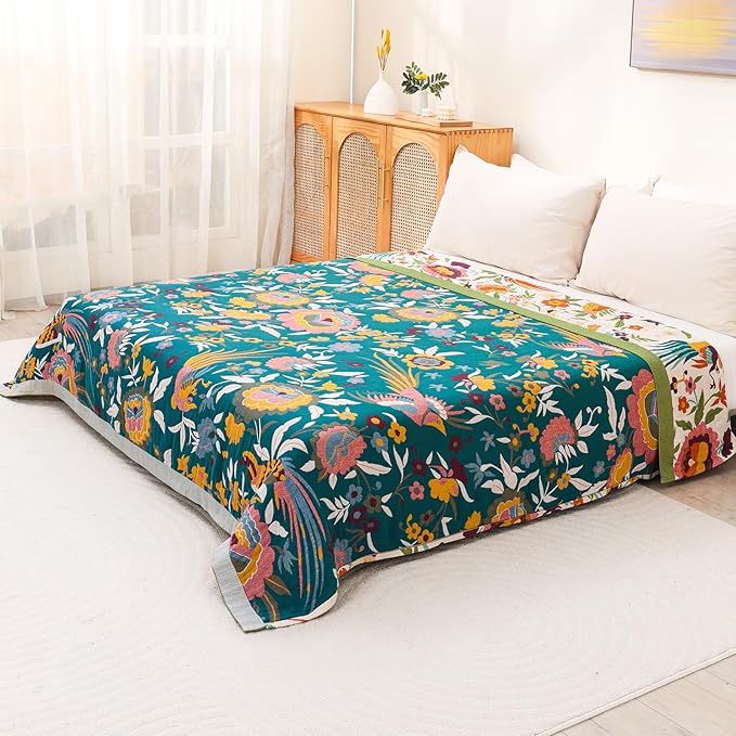 Boho Throw Blanket for Bed Couch 100% Cotton Ultra Soft Large Rustic Quilt King Blanket,Bird Floral Printed Farmhouse Bed Blankets 90"×98", Decorative Reversible Muslin Bed Cover for All Seasons