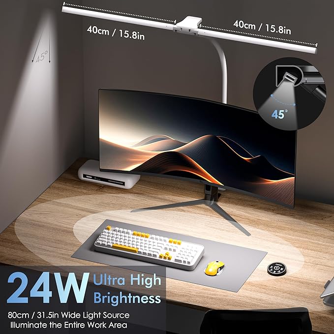 Desk Lamp with Clamp, 31.5" LED Desk Lamp for Home Office, 24W Double Head Desk Light, Dimmable & Color Temperature, Table Lamp with Remote Control, Brightest Computer Monitor Light
