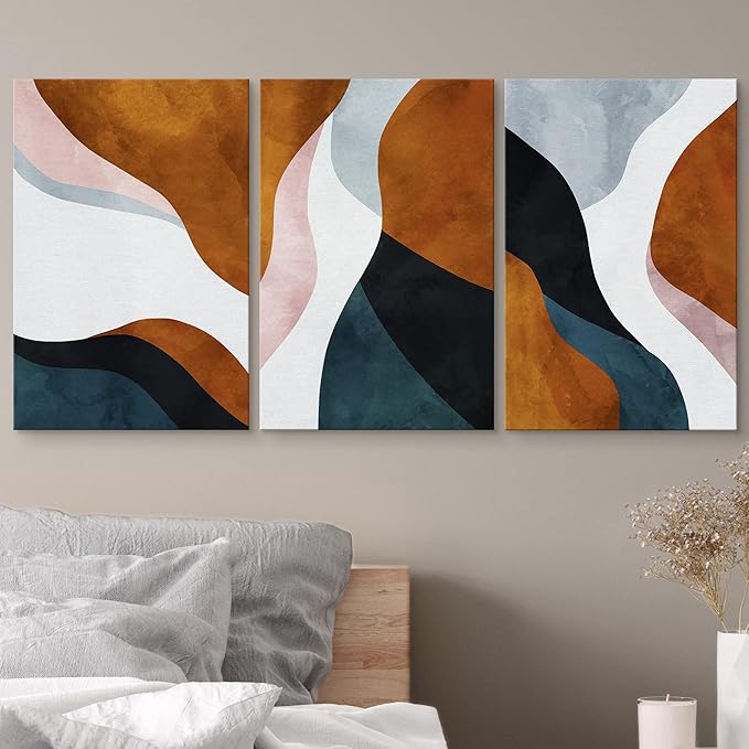 wall26 Wall Art Print Set Wavy Brown, Blue & White Geometric Landscape Patterns Shapes Digital Art Modern Art Boho Scenic Relax/Calm for Living Room, Bedroom, Office - 16"x24" x 3