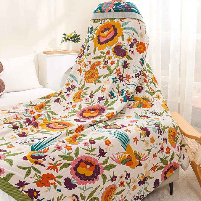 Boho Throw Blanket for Bed Couch Sofa,100% Cotton Ultra Soft Large Throw Blanket,Floral Bird Decor Bed Blankets 60"×80",Decorative Reversible Muslin Bed Cover for All Seasons