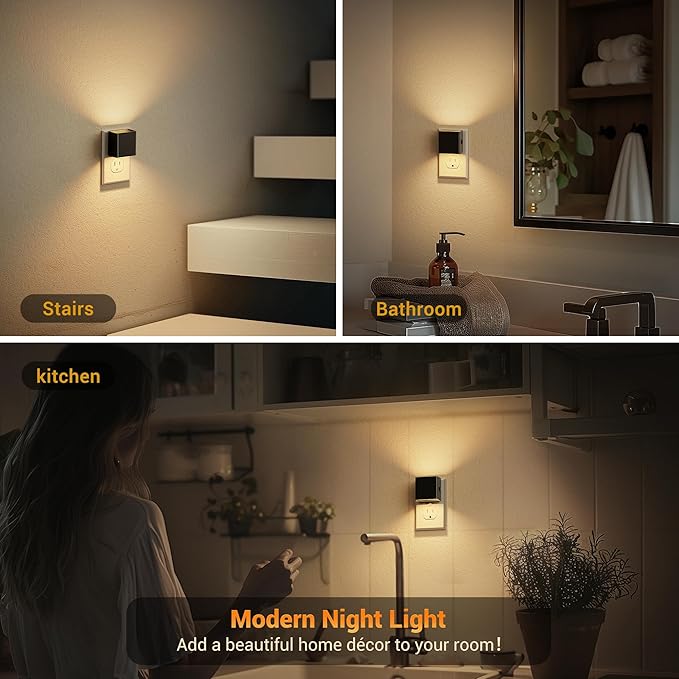 JandCase Night Light, Automatic Night Lights Plug into Wall, 4 Pack Modern Night Lights with Auto Light Sensor, 3000K Brightness Adjustable Nightlight for Kids Bathroom Hallway Kitchen Bedroom