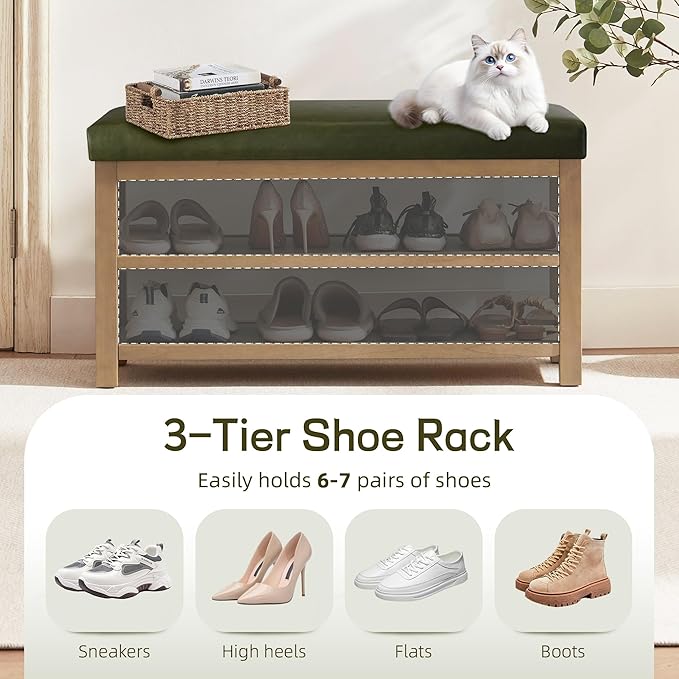 Shoe Rack Bench with Leather Cushion, 2 Tier Solid Wood Storage Bench, Mid-Century Modern Shoe Bench for Entryway, Hallway, Closet, Front Door Entrance, Foyer (Green, 31.5)