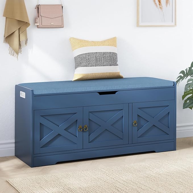 Farmhouse Shoe Storage Bench with Cushion Seat, 3-Tier Entryway Bench with Lift Top Storage and Adjustable Shelf, Bench for Hallway, Bedroom, Blue