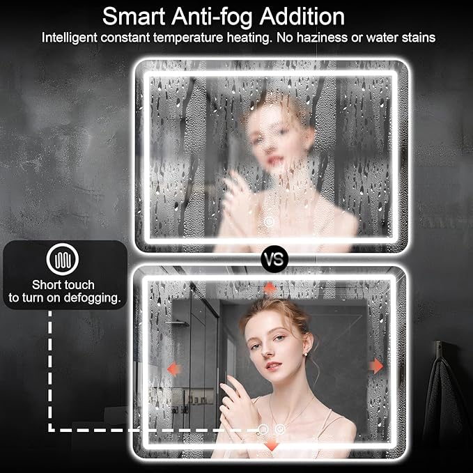 LED Bathroom Mirror, 36 x 24 Inch Anti-Fog Wall Mirror with Lights Stepless Dimmable, Lighted Bathroom Mirrors for Wall, Rectangle Bathroom Vanity Mirror with Front and Backlight, Horizontally Only