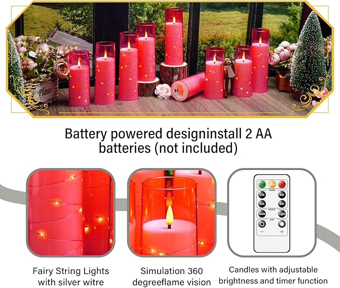 Flameless Candles with Embedded Star String, Battery Operated LED Pillar Candles with Timer and Remote Control,Home Decorating for Ambiance， Set of 7 (Pink)