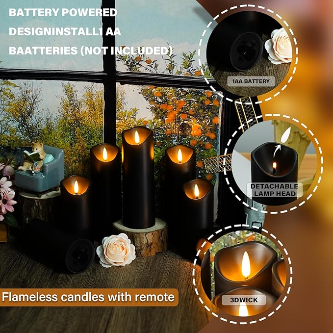 Flameless Candles with Remote, Battery Operated Flickering Flameless Candles, LED Candles with Timer 2/4/6/8H, with Realistic LED Candles Set of 24 (D2.2 x H 5" 6" 7") (Black)