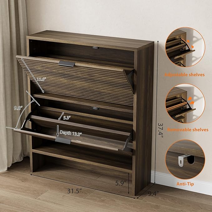 Garvee Shoe Storage Cabinet for Entryway, Fluted Shoe Cabinet with 2 Flip Drawers Doors, 32" Wide Hidden Shoe Rack Tall Freestanding Shoe Organizer for Entrance, Hallway, Living Room, Walnut