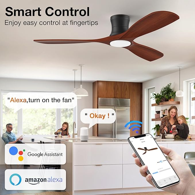 52” Smart Wood Flush Mount Ceiling Fans with Lights Remote,Quiet DC Motor,Outdoor Indoor Low Profile Ceiling Fan,Voice WIFI Alexa App Control,Dimmable,6-speed,for Modern Bedroom Patio