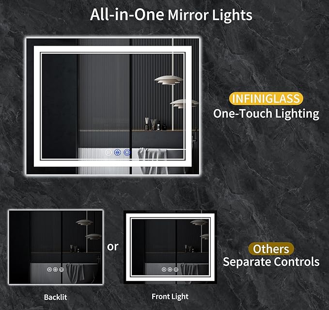 60"x30" LED Bathroom Mirror with Anti-Fog, Stepless Dimmable Lights, 3 Color Modes, Shatter-Proof Tempered Glass,Waterproof Design