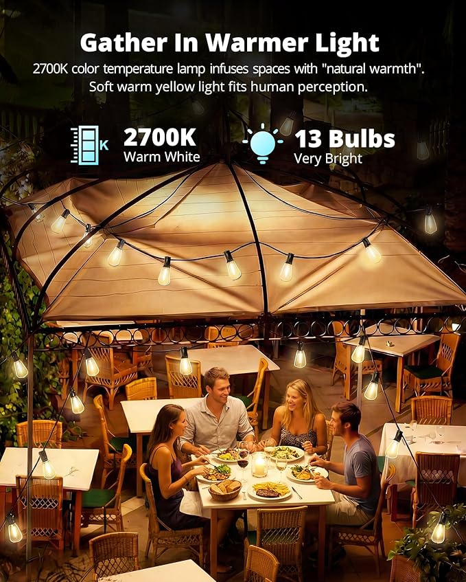 VIPAR Outdoor String Lights 30FT LED Patio Lights Waterproof with 13+1 Shatterproof ST38 Edison Bulbs, Connectable Outside Hanging Light for Porch, Garden, Backyard, Deck, Balcony, Decor, 2700K