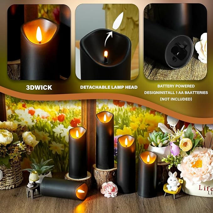 Flickering Flameless Candles, Battery Operated Plastic LED Pillar Candles with Remote Control and Timer, Set of 24 (Black)