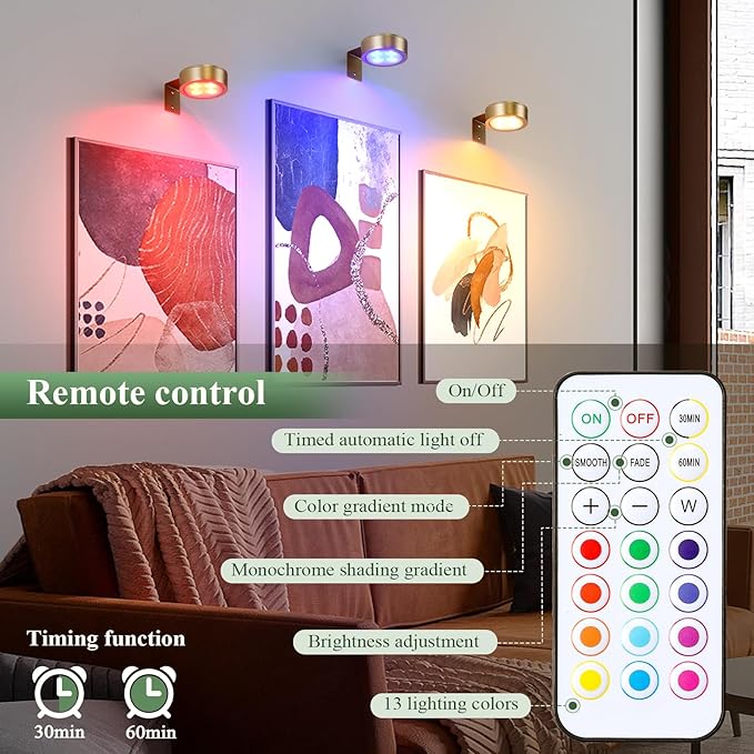 2-Pack Picture Light Battery Operated Painting Lights, 13 Color RGB Magnetic LED Display Art Light with Remote, Dimmable and Timer Portrait Light for Art Frame Artworking, Wall Decor Puck Light, Gold