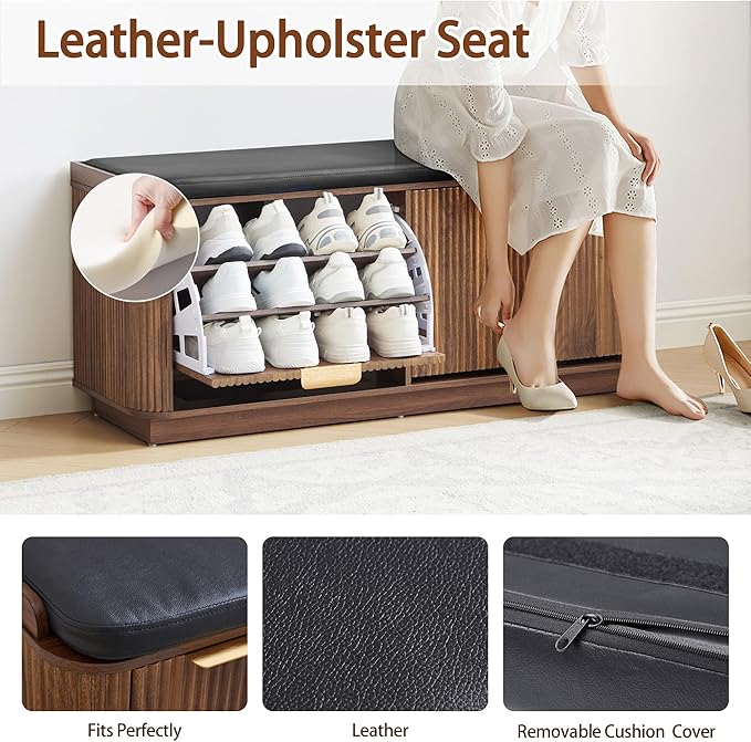 43.3''W Fluted Shoe Rack Bench with 2 Flip Drawers, Entry Bench Seat with 3-Tier Shoe Storage and Leather Cushion, Shoe Organizer Bench for Entryway, End of Bed, Living Room, Hallway - Walnut
