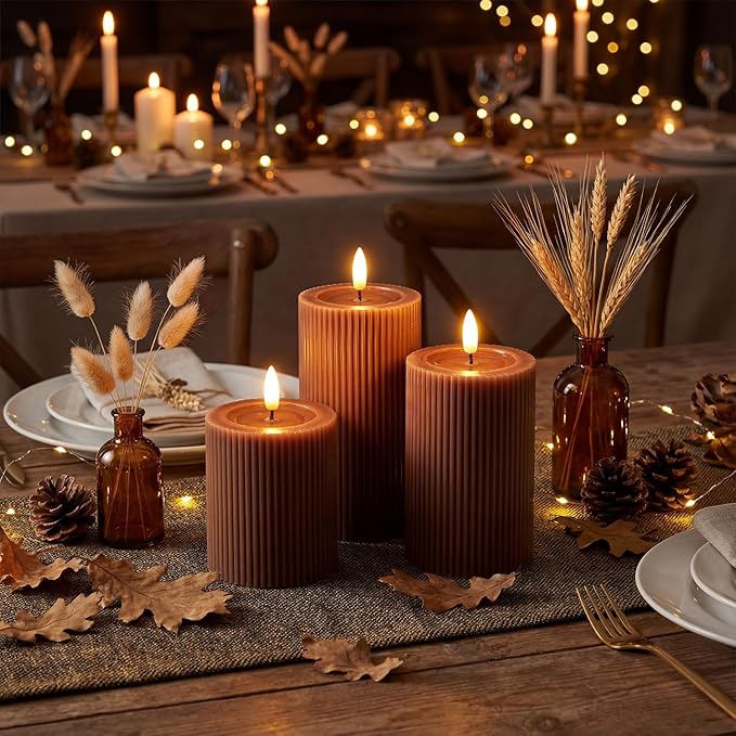 WYZworks Fluted Ribbed LED Pillar Candles, Brown, with Realistic Reflective Melted-Wax Effect – Flickering Flame, Remote, Dimmable, Flameless, Battery Operated, Home & Wedding Decor (Set of 3)