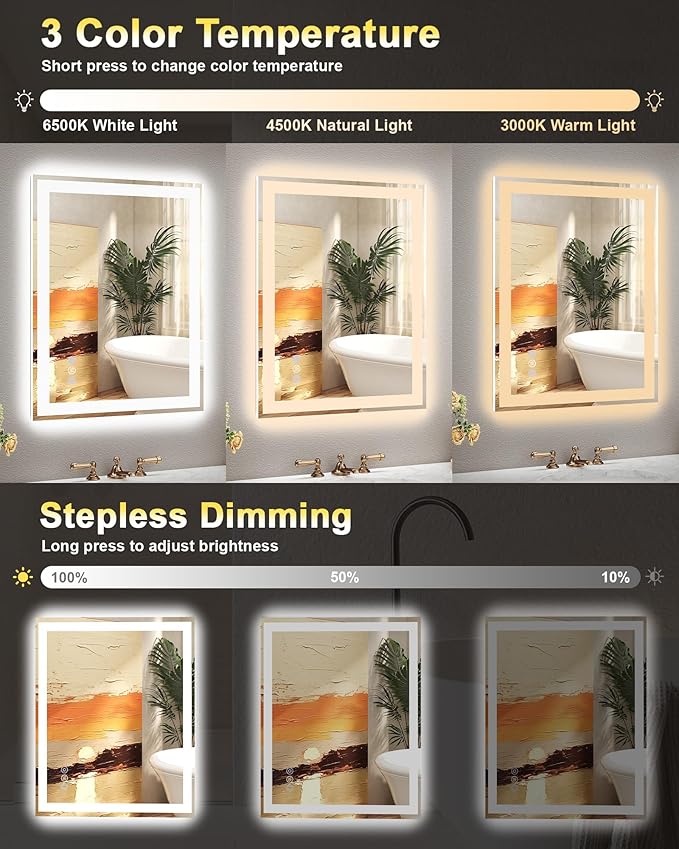 24x36 LED Bathroom Mirror with Lights, Super Bright Front & Backlit Vanity Mirror for Wall, Anti-Fog & Memory Smart Mirror, 5mm Shatter-Proof Tempered Glass, ETL Listed, Vertical/Horizontal